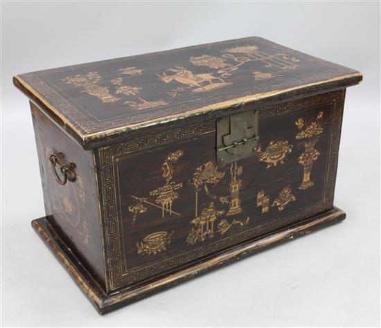 A late 19th century Chinese stained elm trunk, W.3ft 2in. D.1ft 10in. H.1ft 10in.